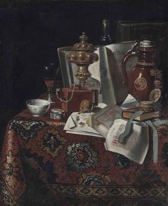 An Earthenware Jug, Manuscripts, Books, A Teapot, A Skull And Other Objects On A Draped Table An Earthenware Jug, Manuscripts, Books, A Teapot, A Skull And Other Objects On A Draped Table