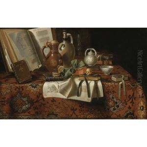 Vanitas Still Life With Books, Jugs, A Skull And Other Objects On An Table Draped With An Oriental Carpet Vanitas Still Life With Books, Jugs, A Skull And Other Objects On An Table Draped With An Oriental Carpet