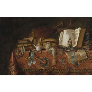 Still Life Of Books, Musical Instruments And Other Objects On A Table Draped With An Oriental Carpet by Pseudo-Roestraten