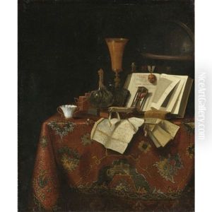 A Vanitas Still Life Of A Goblet, A Wine Vessel, A Yixing Stoneware Teapot, Books, An Hourglass, Letters And A Globe On A Carpeted Table by Pseudo-Roestraten