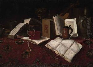 Books, A Silver Beaker, A Gilt Cup, A Candle, A Violin, And Other Vessels, On A Carpet-draped Table by  Pseudo-Roestraten