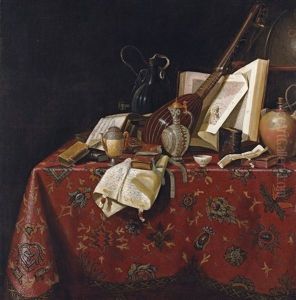 A Therbo, Books, Letters, An Open Music Book, Water Ewers, A Small Bowl, An Hourglass, Water Jugs And A Globe A Therbo, Books, Letters, An Open Music Book, Water Ewers, A Small Bowl, An Hourglass, Water Jugs And A Globe