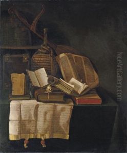A Vanitas With A Lute, Books, A Carafe, Skull And Manuscript On A Half-draped Ledge A Vanitas With A Lute, Books, A Carafe, Skull And Manuscript On A Half-draped Ledge