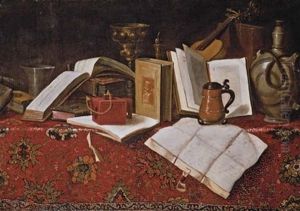 A Vanitas Still Life With Books, Music, A Violin, A Roemer And Other Objects On A Draped Table A Vanitas Still Life With Books, Music, A Violin, A Roemer And Other Objects On A Draped Table