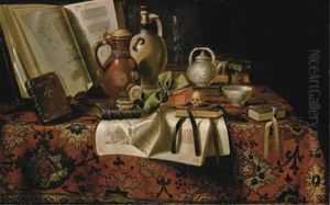 A Vanitas Still-life With Books, Jugs And A Skull On A Draped Table A Vanitas Still-life With Books, Jugs And A Skull On A Draped Table