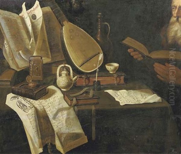 Books, Manuscripts, A Lute And A Tea Set On A Draped Table, A Man Holding A Book Nearby - view 1