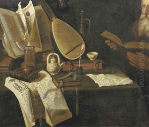 Books, Manuscripts, A Lute And A Tea Set On A Draped Table, A Man Holding A Book Nearby