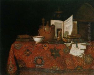 Books, An Earthenware Flask, A Porcelain Bowl, A Gold Chain With A Skull And Hourglass On A Carpeted Table