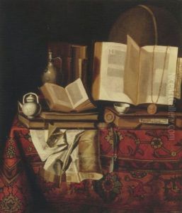 A Silver Jug And A Teapot, A Watch, A Golden Chain, A Teapot, Books And Documents On A Draped Table by  Pseudo-Roestraten