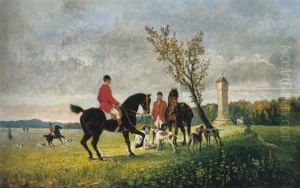 Herbstliches Feld Mit Marterl. Reitergruppe Mit Hundemeute Bei Der Fuchsjagd by Adolf Puchinger