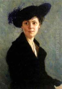 Bildnis Einer Frau Mit Schwarzer Jacke Und Schwarzem Hut Mit Violetten Federn