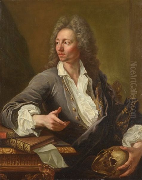 Portrait De Gentilhomme Meditant Sur Un Crane - view 1