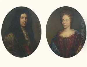 Portrait D'homme A La Lavalliere De Dentelle (+ Portrait De Femme A La Robe De Velours Rouge; Pair) by Francois Puget