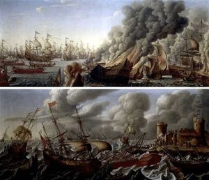 A Coastal Landscape With Shipping On Stormy Seas, Figures On The Shore By A Ruined Castle (+ A Naval Action With A French Fleet Advancing And Spanish Men-o-war On Fire In The Foreground; 2 Works) by Pierre Puget