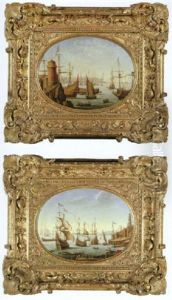 A Harbour Scene With Men O'war In Calm Waters, A Lighthouse In The Foreground, A Town Beyond by Pierre Puget
