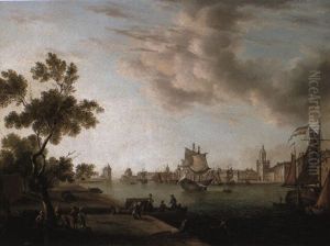 View Of A Mediterranean Harbour With Peasants And Elegany Company by Pierre Puget