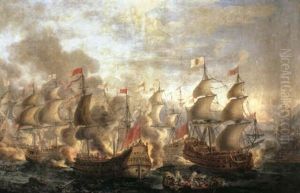 Ships Of The Line Engaged In A Fierce Battle Whilst Troops  In Rowing Vessels Fire At Each Other At Close Quarters by Pierre Puget