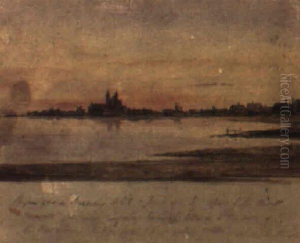 A Coastal Scene At Sunset With A Church And Buildings In The Distance - view 1