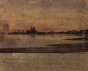 A Coastal Scene At Sunset With A Church And Buildings In The Distance