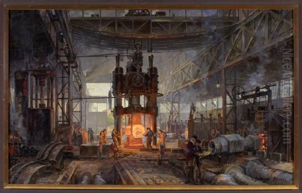 Hammerwerk Abt. Sterkrade - Vor Einer Schmiedepresse Lasst Sich Kommerzienrat Hugo Jacobi Konstruktionsplane Erlautern - view 1
