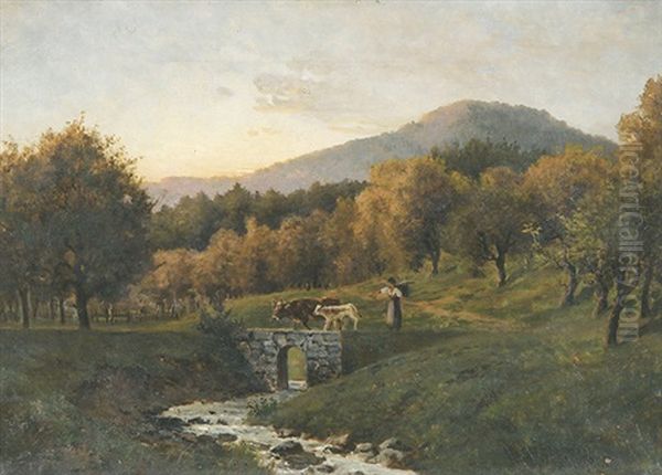 Hirtin Auf Einer Brucke In Herbstlicher Landschaft - view 1