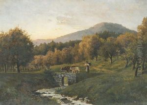 Hirtin Auf Einer Brucke In Herbstlicher Landschaft by Victor Puhonny