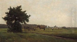 Wiesenlandschaft Mit Bauern Bei Der Heuernte, Links Ein Groser Baum