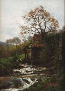 Schwarzwaldlandschaft (?) Mit Angler An Einem Bachlauf