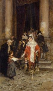 Das Almosen - Spanische Damen Und Herren Beim Verlassen Der Kirche by Gabriel Puig Roda