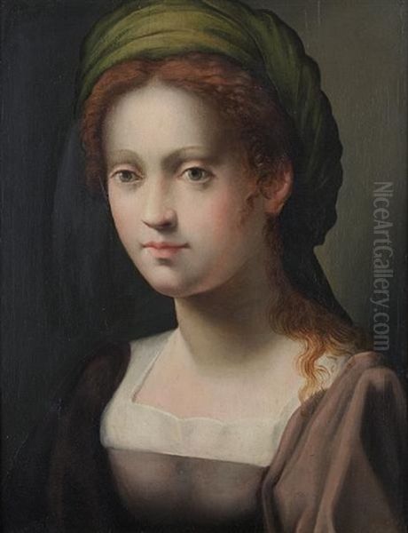 Portrait Of A Young Lady In A Grey Dress And A Green Turban - view 1
