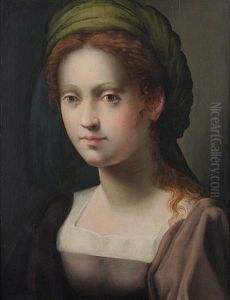 Portrait Of A Young Lady In A Grey Dress And A Green Turban