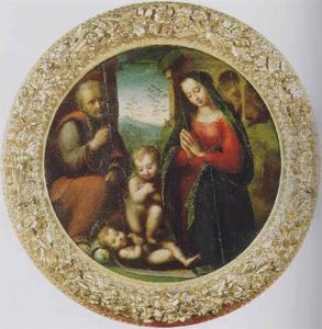 La Sacra Famiglia E San Giovannino In Adorazione Del Bambino Gesu by Domenico Puligo