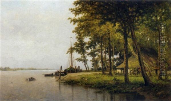 A Peaceful River Landscape With Fishermen Sorting Out Their Nets On A Jetty - view 1