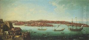 Malta, A View Of Valetta With Elegant Figures Gathered On A Promontory Overlooking The Arrival Of A Fleet by Alberto Pullicino