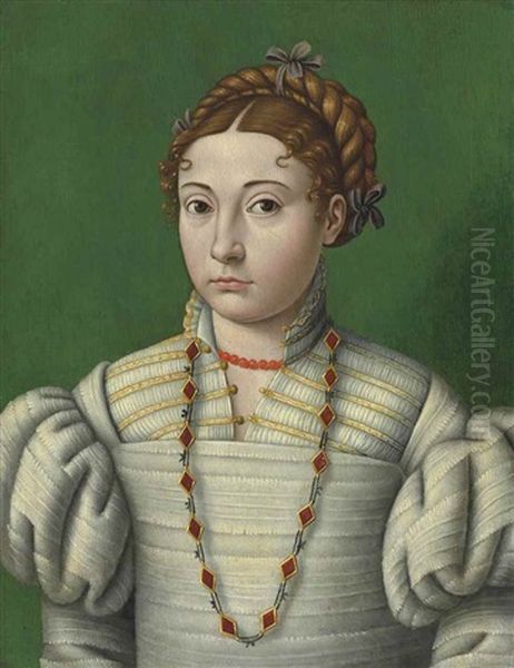 Portrait Of A Lady, Half-length, In A White Embroidered Dress With A Coral Necklace And A Ruby And Gold Chain - view 1