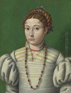 Portrait Of A Lady, Half-length, In A White Embroidered Dress With A Coral Necklace And A Ruby And Gold Chain by Scipione Pulzone