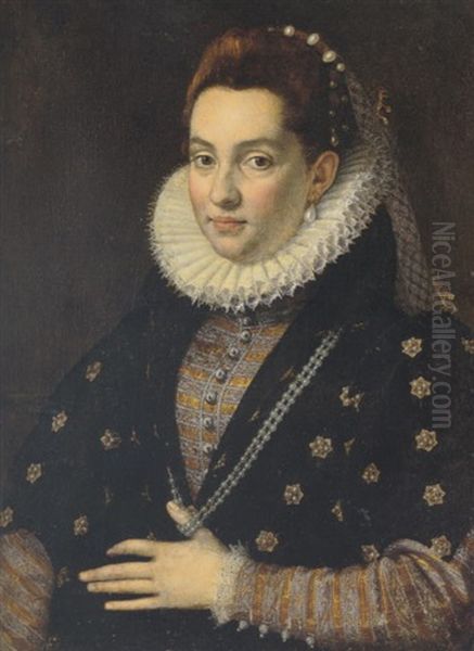 Portrait Of A Lady (lucrezia Colonna?) Wearing A Black Dress With Gold Sleeves And High Lace Ruff - view 1