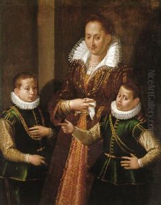 A Family Portrait Of A Woman With Her Two Sons, Three Quarter Length, She Wearing A Gold-embroidered Brown Dress A Family Portrait Of A Woman With Her Two Sons, Three Quarter Length, She Wearing A Gold-embroidered Brown Dress