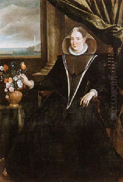 Portrait Of A Noblewoman Wearing Black Seated Beside A Vase Of Flowers, Harbour Beyond - view 1