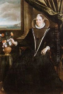 Portrait Of A Noblewoman Wearing Black Seated Beside A Vase Of Flowers, Harbour Beyond