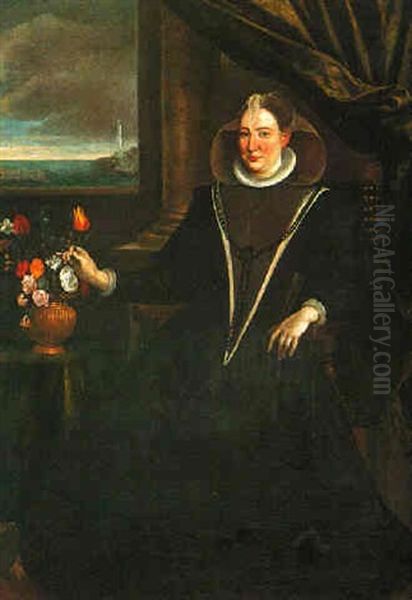 Portait Of A Noblewoman Wearing Black, Full Length, Seated Beside A Vase Of Flowers, A Harbour Beyond - view 1