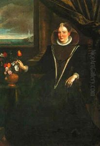 Portait Of A Noblewoman Wearing Black, Full Length, Seated Beside A Vase Of Flowers, A Harbour Beyond