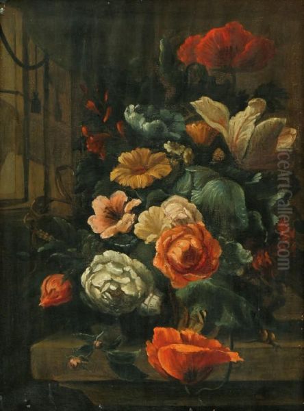 Stilleven Met Rozen, Tulpen, Klaprozen En Een Slak Op Een Stenen Plint - view 1