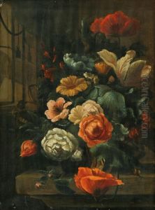Stilleven Met Rozen, Tulpen, Klaprozen En Een Slak Op Een Stenen Plint by Hans Bollongier