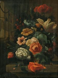Still Life Withroses, Tulips, Poppies And A Snail On A Stone Plinth