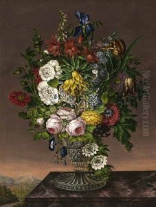 Blumenvase Auf Einer Brustung, Im Hintergrund Weite Landschaft Mit Hausern by Franz Michael Sigmund von Purgau
