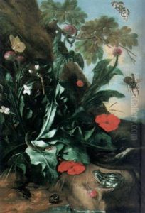 Stilleben Mit Bluhenden Disteln Und Insekten In Abendlicher Landschaft