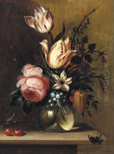 A Still Life With Tulips, A Pink Rose And Other Flowers In A Vase, Together With Cherries On A Wooden Ledge And A Butterfly by Hans Bollongier