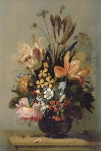 Tulips, A Rose, Bluebells And Other Flowers In A Glass Vase On Awooden Ledge, With A Snail And A Caterpillar by Hans Bollongier