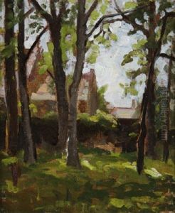 View Of Farm Buildings Through Trees by Sarah Henrietta Purser